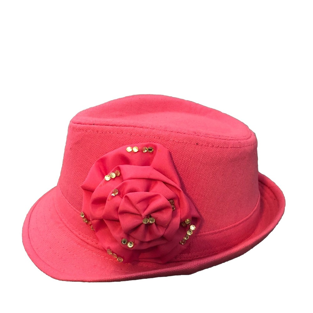 Unbranded Womens Trilby Canvas Hat Pink Solid One Size Flowers Gold Sequins